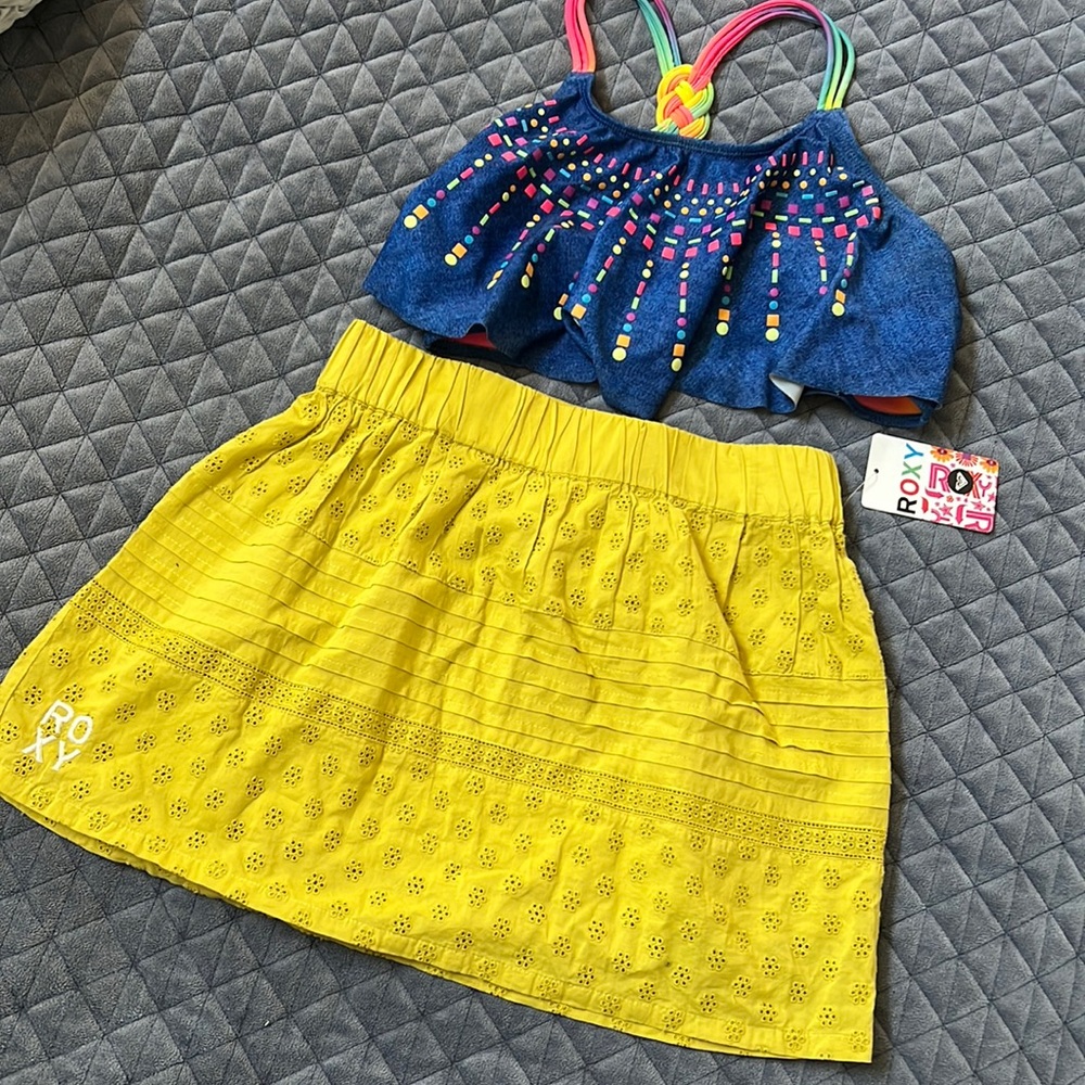 Roxy girl eyelet mustard yellow skirt size L NWT